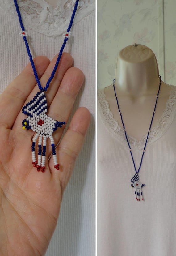 Vintage Beaded Bird Necklace Southwestern Artisan Seed Bead Beadwork Flying Bird Beaded Daisies Strap Necklace Native American Style