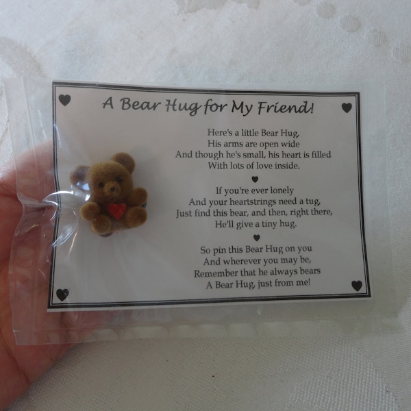 Vintage 3D Flocked Teddy Bear Pin & "A Bear Hug For My Friend" Poem Artisan SEALED Friend Gift Teddy Bear w/Heart Sequin