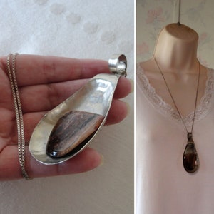 NOS Artisan Petrified Wood Spoon Shape Pendant HANDMADE One of a Kind Petrified Wood Hand Wrought Nickel Silver on 24&quot; Sterling Box Chain