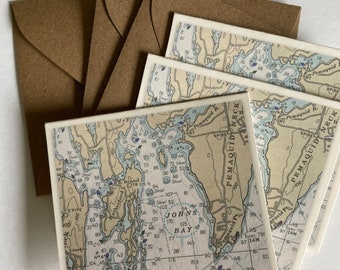 Chart Gift Enclosure Mini Cards-South Bristol-Rutherford Island-Johns Bay-Pemaquid Neck-Thrumcap-Pemaquid River-Maine-Vintage Chart