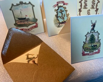 State Arms -Recinto de regalo-Mini tarjetas cuadradas-Nueva Inglaterra Massachusetts-New Hampshire-Vermont-Connecticut-Rhode Island-Maine-Louis Prang