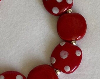 Red Kazuri PitaPat Pebbles  Bracelet -8.5"-with Neodymium Magnetic Close and Sterling Silver-Flat