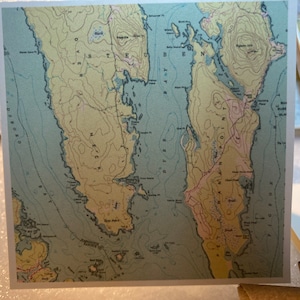 May include: A vintage nautical map of a coastal area with islands and inlets. The map is printed on paper with a light blue background and features brown and green contour lines. The map includes the names of various locations, including "DYSKO BAY" and "MANAHAN POINT".