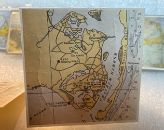 Vintage Chatham Cape Cod Caja de regalo Mini Tarjetas-Stage Harbor-Nickerson Neck-Vintage Map-Vintage Chart-Square Card- Monomoy