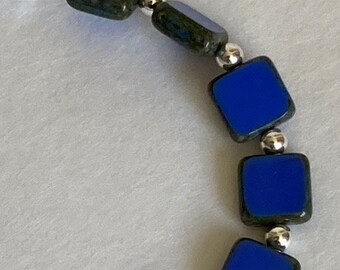 Czech Table-Cut Blue Glass Bracelet -8"-with  Magnetic Close and Sterling Silver-Flat