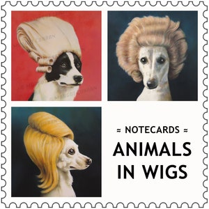 May include: A set of four notecards featuring animals wearing wigs. The notecards are arranged in a grid pattern. The top left card shows a black and white dog wearing a white wig. The top right card shows a white dog wearing a blonde wig. The bottom left card shows a white dog wearing a blonde wig. The bottom right card shows the text "NOTECARDS ANIMALS IN WIGS".
