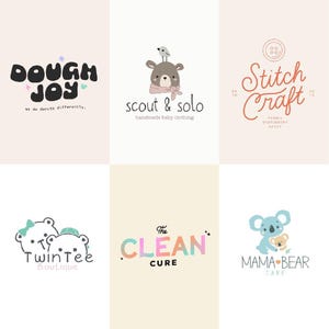 Op de afbeelding: Verzameling van zes logo's met een lichtbeige achtergrond. Logo's bevatten tekst en illustraties. De logo's bevatten de tekst "Dough Joy", "scout & solo", "Stitch Craft", "Twin Tee Boutique", "The Clean Cure" en "Mama Bear Care". Illustraties omvatten een beer, een vogel en een koala.
