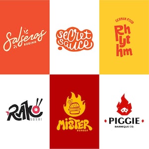 以下が含まれることがあります： 6つのカラフルな食品関連ロゴのコレクション。ロゴには、「Saljeros Regina」、「Secret Sauce」、「German Food Rhythm」、「Rako Sushi」、「Mister Burger」、「Piggie Barbeque Co.」などのテキストが含まれています。