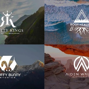 May include: Four different logo designs with text and imagery. The first logo is a white letter R with a crown on top and the letter K underneath. The text "REALTY KINGS" is below the logo and the text "REAL ESTATE BROKERAGE" is below that. The second logo is a white triangle with a green grass design inside. The text "ROOT HEALING" is above the triangle and the text "AWAKENING YOUR INNER STRENGTH" is below the triangle. The third logo is a white bunny rabbit with a white hexagon around it. The text "FLUFFY BUNNY" is below the logo and the text "STUDIOS" is below that. The fourth logo is a white circle with a letter A inside. The text "AIDEN WALKER" is below the logo and the text "PHOTOGRAPHY" is below that.