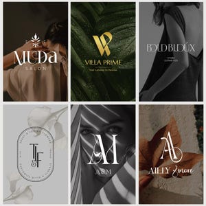 May include: Collection of logos for various businesses. The logos include "MUDA SALON", "VILLA PRIME", "BOLD BIJOUX", "TF & Flowers", "A&M", and "AILLY & more". The logos feature elegant typography and imagery, such as leaves and flowers.