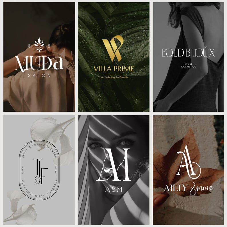 May include: Collection of logos for various businesses. The logos include "MUDA SALON", "VILLA PRIME", "BOLD BIJOUX", "TF & Flowers", "A&M", and "AILLY & more". The logos feature elegant typography and imagery, such as leaves and flowers.