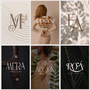 May include: A collection of six logo designs in a minimalist aesthetic. The logos feature elegant typography and are presented with neutral backgrounds and natural elements, suitable for branding and design projects.