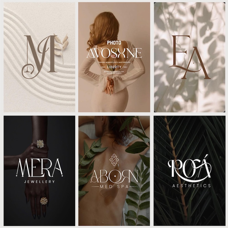 May include: A collection of six logo designs in a minimalist aesthetic. The logos feature elegant typography and are presented with neutral backgrounds and natural elements, suitable for branding and design projects.