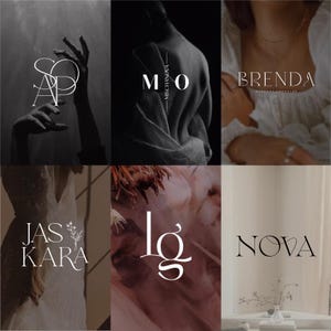 May include: A collection of six images showcasing stylish logos and branding. The logos display names such as "SOAP", "MO", "BRENDA", "JAS KARA", "lg", and "NOVA", each in a distinctive font. The images are predominantly monochrome.