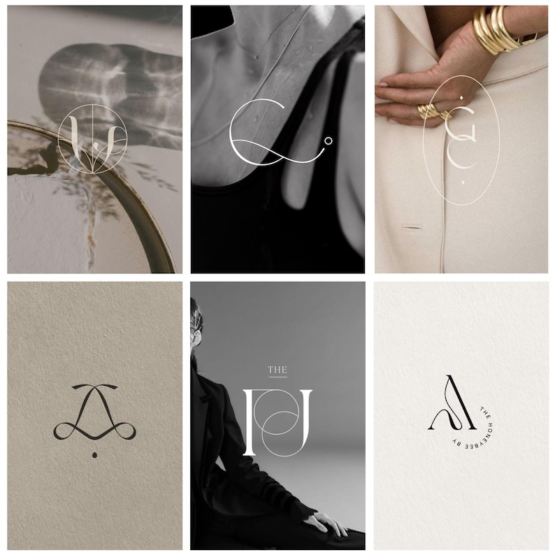 May include: A collection of minimalist logos in black and white. The logos feature elegant letter designs, including "W", "C", "G", "A", "IJ", and "A" with text "THE HONEYBEE BY". The images have a clean, modern aesthetic.