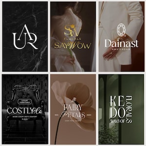 May include: Collection of six elegant logos. The logos feature various designs, including stylized initials, floral arrangements, and a diamond shape. The color palette includes gold, white, and black, with text such as "COSTLY.Co" and "FAIRY PETALS".