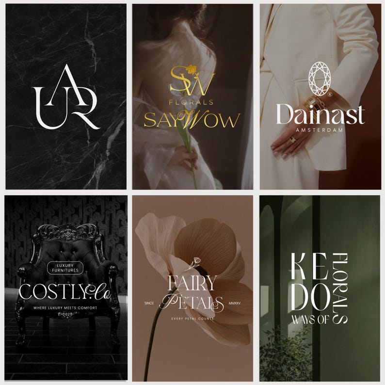 May include: Collection of six elegant logos. The logos feature various designs, including stylized initials, floral arrangements, and a diamond shape. The color palette includes gold, white, and black, with text such as "COSTLY.Co" and "FAIRY PETALS".