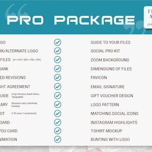 May include: A teal and white graphic promoting a "PRO PACKAGE" for logo design services. The package includes a main logo, source files, watermark, unlimited revisions, and more. A small box in the upper right corner advertises "FREE LOGO ANIMATION."