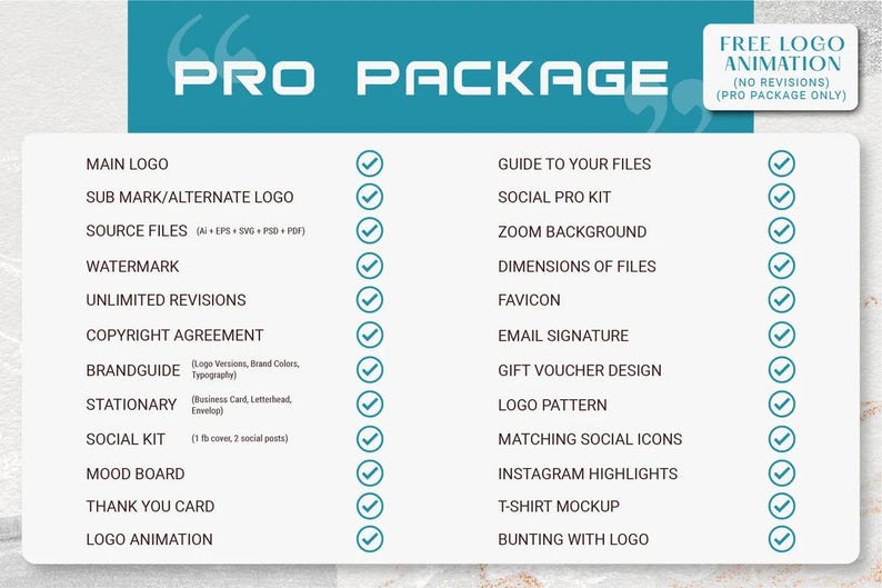 May include: A teal and white graphic promoting a "PRO PACKAGE" for logo design services. The package includes a main logo, source files, watermark, unlimited revisions, and more. A small box in the upper right corner advertises "FREE LOGO ANIMATION."