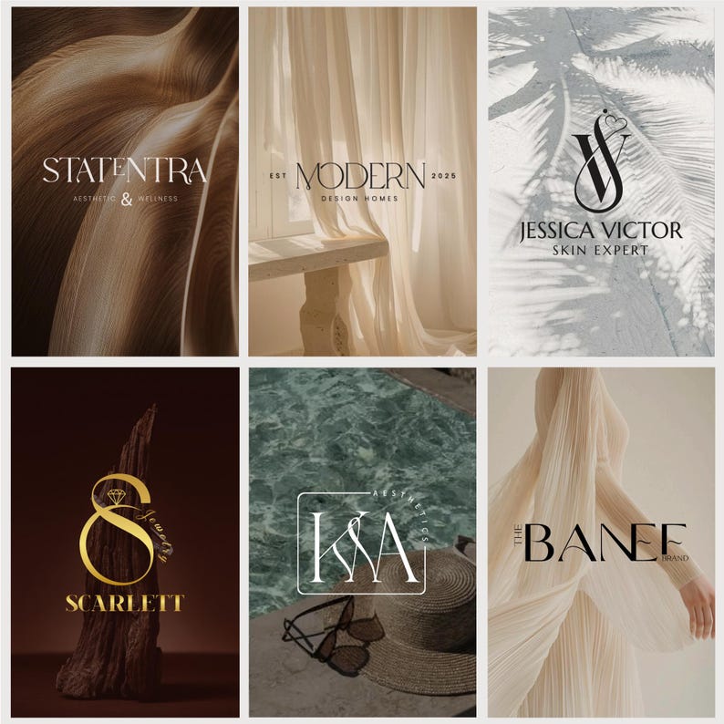 May include: Collection of logos with elegant designs. Includes logos for "STATENTRA Aesthetic & Wellness", "MODERN Design Homes", "JESSICA VICTOR Skin Expert", "SCARLETT Jewelry", "KSA Aesthetics", and "THE BANEE Brand". Each logo features unique typography and imagery.