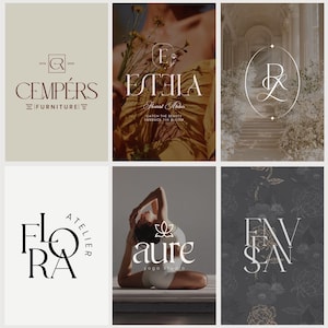 May include: Collection of logos for various businesses. The logos feature elegant typography and design elements. The logos include the names: Cempers Furniture, Estia Floral Atelier, Flora Atelier, Aure Yoga Studio, and Envsan.
