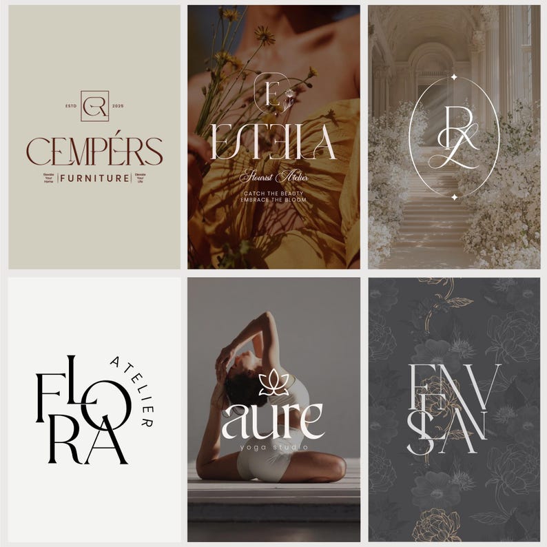 May include: Collection of logos for various businesses. The logos feature elegant typography and design elements. The logos include the names: Cempers Furniture, Estia Floral Atelier, Flora Atelier, Aure Yoga Studio, and Envsan.