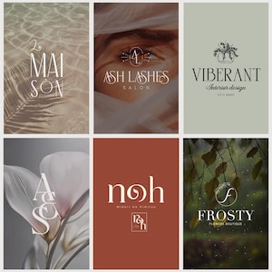 May include: Collection of six logo designs. The logos feature text such as "Le Maison Designs", "Ash Lashes Salon", "Viberant Interior Design", "A & S", "noh Midori No Himitsu", and "Frosty Flowers Boutique". The logos use various fonts and styles, with floral and natural elements.