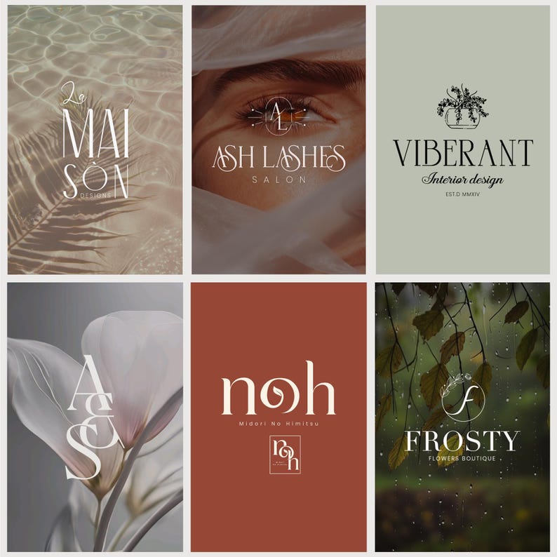 May include: Collection of six logo designs. The logos feature text such as "Le Maison Designs", "Ash Lashes Salon", "Viberant Interior Design", "A & S", "noh Midori No Himitsu", and "Frosty Flowers Boutique". The logos use various fonts and styles, with floral and natural elements.