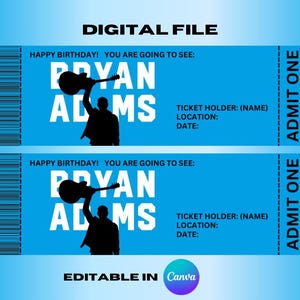 Bearbeitbare Bryan Adams Canva Souvenir Konzertkartenvorlage * DIGITALE DATEI mit Anleitung *