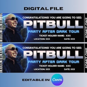 以下が含まれることがあります： Pitbull Party After Dark Tourのコンサートチケット2枚のデジタルファイル。チケットは、アーティストの画像、イベントの詳細、および「ADMIT ONE」のテキストが付いた黒と青のデザインです。チケットはCanvaで編集可能です。