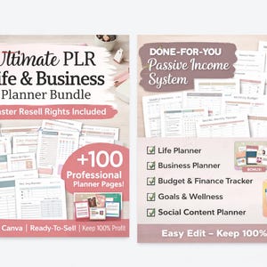 May include: A promotional image for a digital planner bundle. The text reads "Ultimate PLR Life & Business Planner Bundle" and "Done-For-You Passive Income System." The image includes planner pages, a laptop, and the text "+100 Professional Planner Pages!"