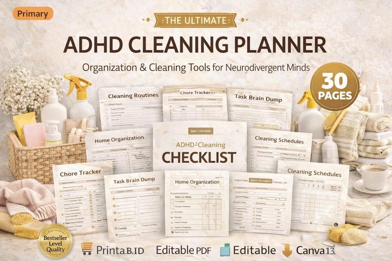 ADHD Cleaning Checklist Bundle • 30 Page Printable Planner • Checklists