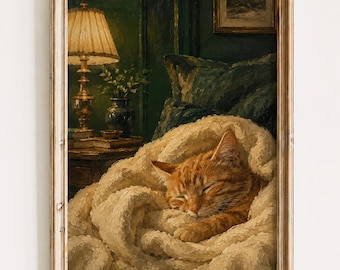 May include: A framed art print titled VINTAGE GLOW PRINTS featuring an oil painting of an orange tabby cat sleeping under a thick cream-colored blanket. In the background, a lit lamp sits on a wooden table against a dark green wall.