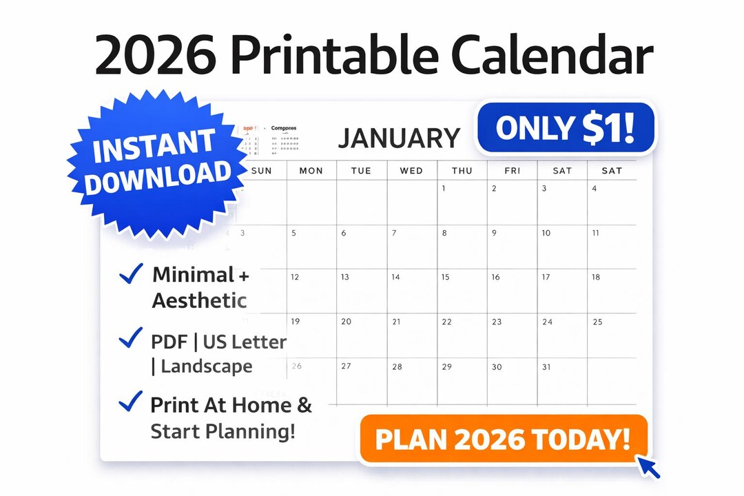 2026 Printable Calendar | Minimalist Monthly Planner PDF | Instant ...