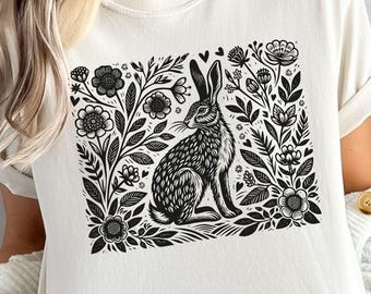 Wild Hare Floral Tshirt, Folklore Hare Shirt, Cottagecore HareTee, Whimsical Fairycore Tee, Hare Lover Shirt, Boho Rabbit Tee, Nature Lover