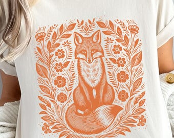 Cottagecore Red Fox Shirt, Vintage Floral Woodland Fox Tshirt, Fairycore Tee, Nature Lover Gift, Mystical Goblincore Tee, Forestcore T-Shirt