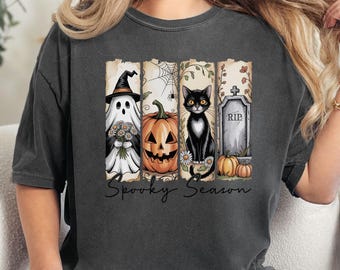 Halloween Ghost Shirt, Brushstroke Black Cat Halloween Tshirt, Fall Floral Pumpkin Tee, Vintage Halloween Shirt, Cottagecore Ghost Shirt