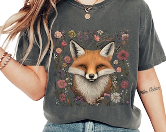 Floral Cottagecore Fox Shirt, Vintage Woodland Fox Tshirt,  Fairycore Tee, Nature Lover Gift, Mystical Goblincore Tee, Forestcore T-Shirt