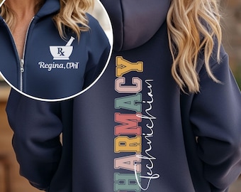 Customizable Pharmacy Full Zip Hoodie Sweatshirt, CPhT Jacket, Personalized Pharmacy Tech Zip Up, Pharmacy Tech Gift, Pharmacist Graduation