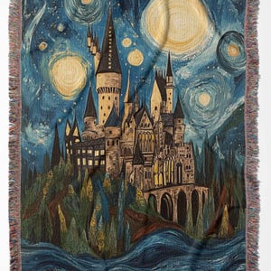 Fairytale Castle Woven Cotton Blanket Starry Night Inspired, Fantasy Throw, Dragon World Blanket, Wizard Castle Decor, Magic Picnic Blanket