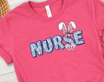 Nurse Easter Soft Crew Neck Shirt, RN Blue Toile Coquette Tshirt, Pink Bow Easter T-Shirt, Pediatric Nurse Easter Tee, Bunny Ears Nurse Tee