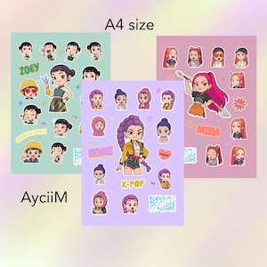 Kpop demon hunter Printable sticker sheets, cut out sticker, downloadable pdf, Rumi, Mira, Zoey, huntrix, kpop digital sticker, PDF file
