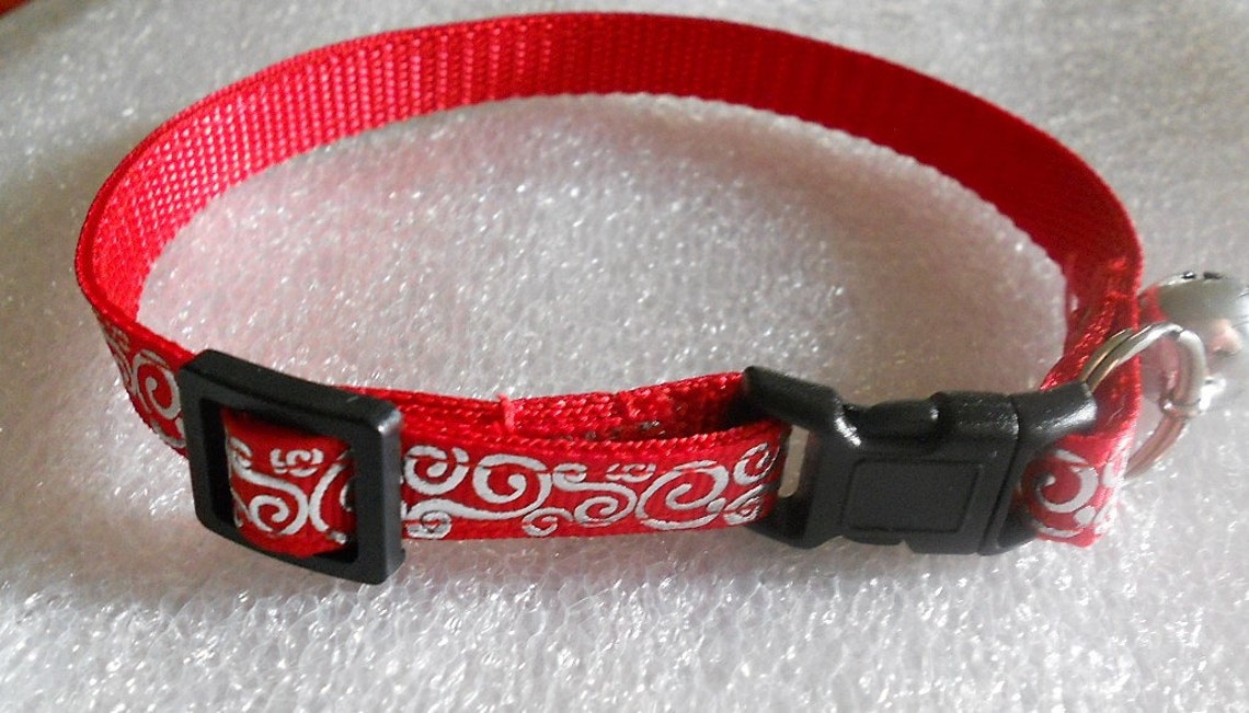 Red Ribbon With Silver Metallic Swirls Cat Collar Kitten Etsy
