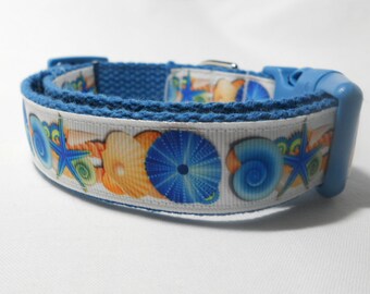 Beach Dog or Puppy Collar - Sea shells Grosgrain Ribbon, Summer Girl Collar, Boy Collar