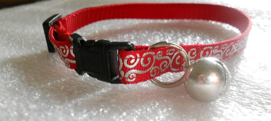 Red Ribbon With Silver Metallic Swirls Cat Collar Kitten Etsy
