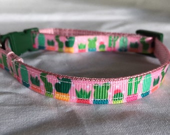 Cactus on Pink Ribbon Cat or Kitten Collar, Adjustable Breakaway Collar - girl cat, boy cat, Tiny Dog