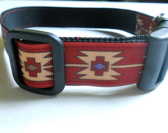 1" Wide Southwest Design Burgundy Grosgrain Ribbon Adjustable Dog Collar