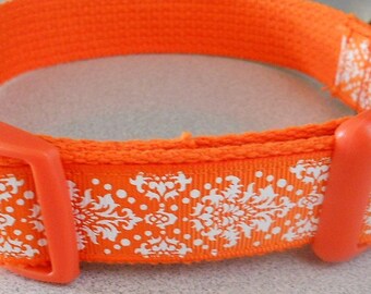 Orange and White Damask Dog or Puppy Collar - Orange Grosgrain Ribbon, Girl Collar, Boy Collar