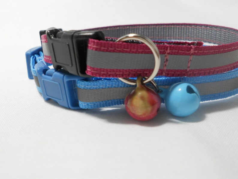 K&ouml;nnte beinhalten: Zwei Katzenhalsb&auml;nder, eines grau und bordeauxrot, das andere blau. Beide haben reflektierende Streifen und schwarze oder blaue Kunststoffschnallen. Jedes Halsband hat eine kleine Glocke, eine gold-rot, die andere blau.