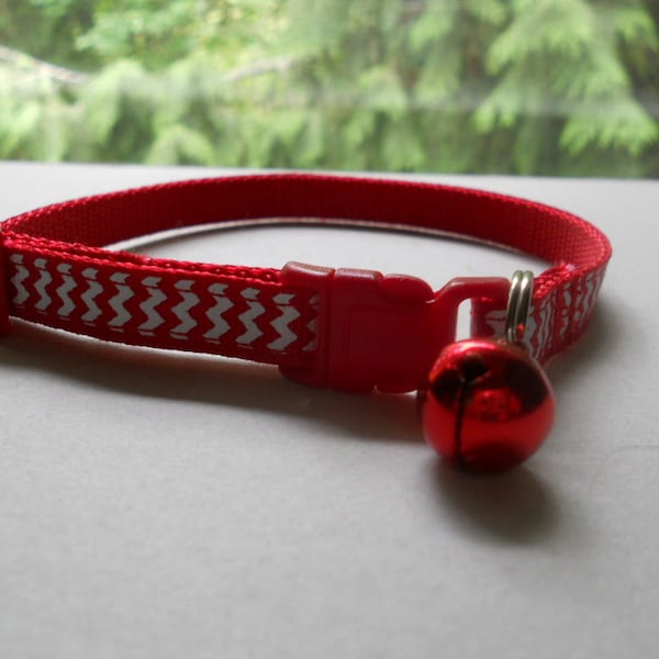 Chevron Cat or Kitten Breakaway Safety Collar - Red Chevron Ribbon